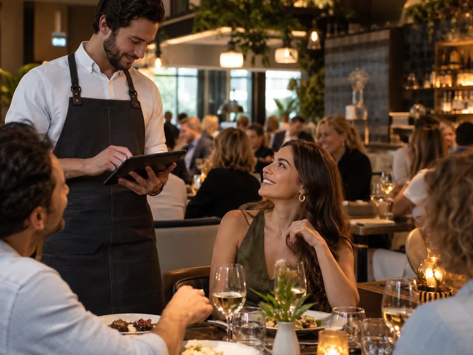 Garçom atendendo clientes em restaurante