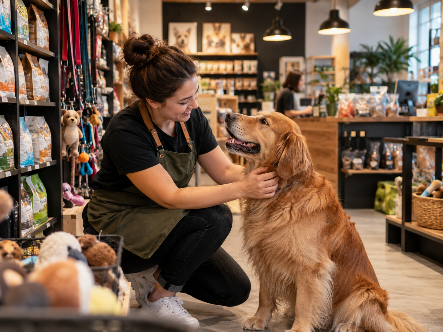 Cliente com cachorro em pet shop
